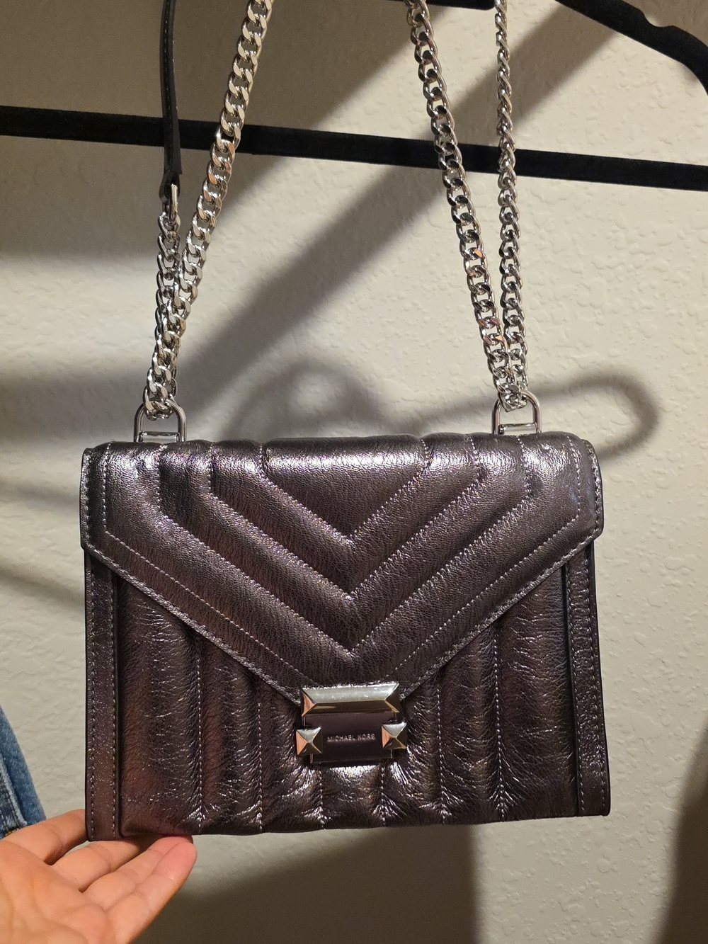 Metallic SILVER Quilted Chain-Strap Shoulder Bag